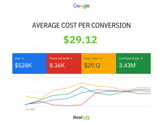 Dedicated PPC Management from BestLyfe Group focusing on reducing the average cost per conversion while bringing the highest ROI for each campaign